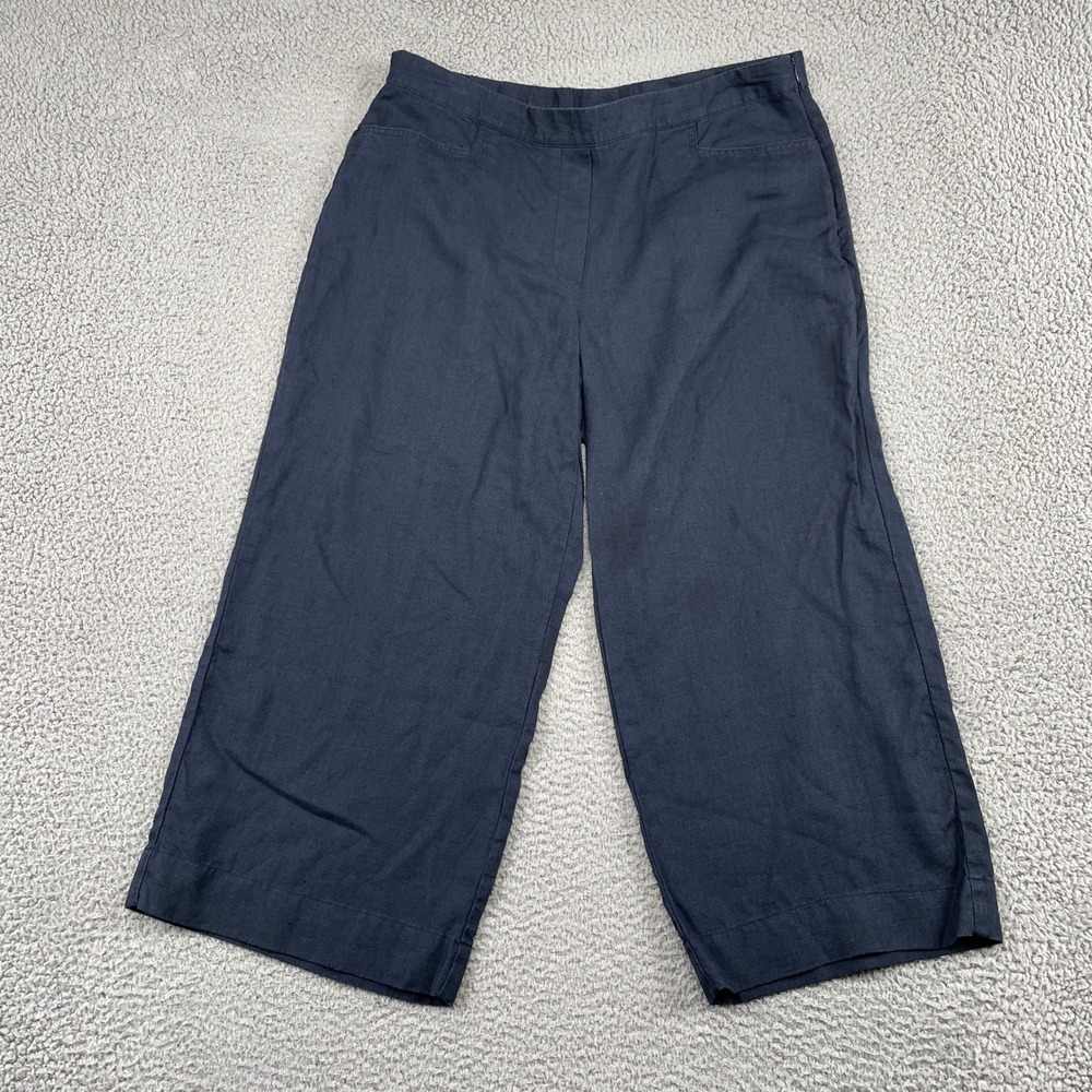 J. Jill Pants Womens L Navy Blue Love Linen Wide Leg Crop Side Zip Culottes